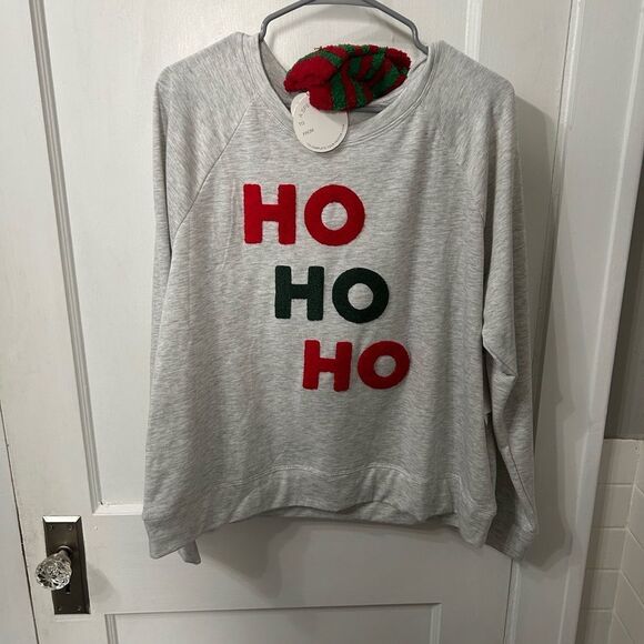 Festive Gray Holiday Sweatshirt with Red and Green socks - Picture 1 of 7